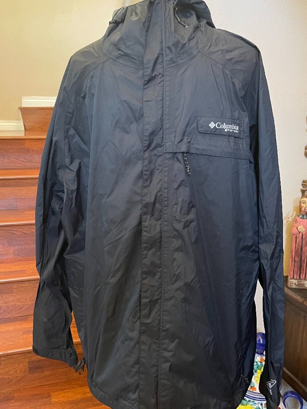 Columbia Jacket PFG Men's XL Black Packable Rain Windbreaker Full Zip Hooded